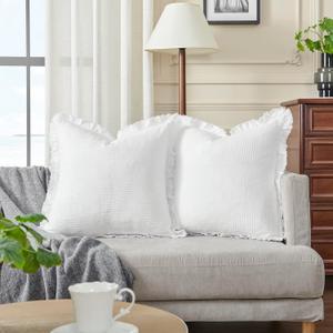 Waffle Pillow Covers 24x24 Set of 2 Throw Pillow Covers Stone Washed Square Pattern Euro Shams Decorative Cushion Covers for Couch Sofa Bedroom Car (White