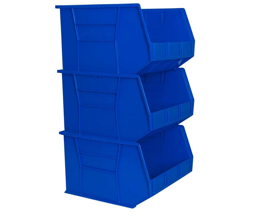 Akro-Mils 30270 AkroBins Plastic Storage Bins, Space-Saving Stackable Bins for Garage, Pantry, Craft Organization, 18" x 16" x 11", Blue, 3-Pack