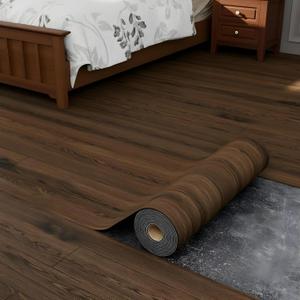 Oxdigi Peel and Stick Vinyl Flooring Roll 23"x 393"/64 Sq.Ft, Thicken Self Adhesive Vinyl Floor Tiles Wood Plank Flooring Waterproof Wear-Resistant for Any Room, Easy DIY Floor Coverings, Deep Brown