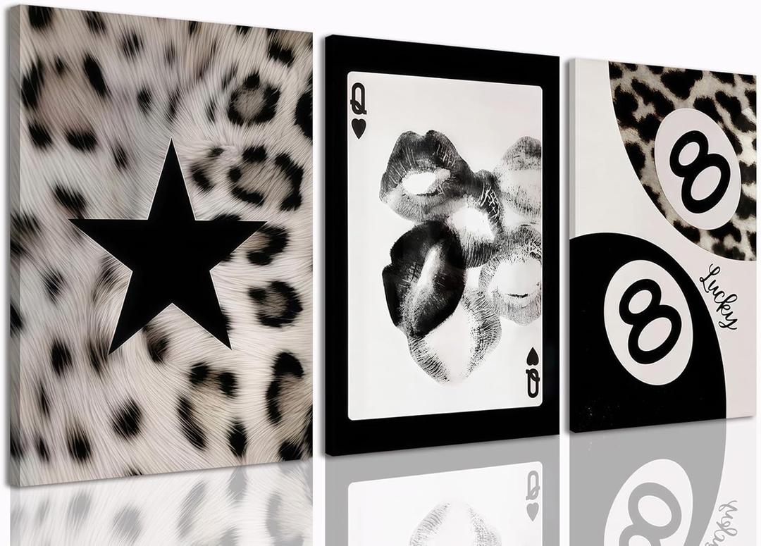SongZest 3 Piece Canvas Wall Art Y2K Wall Decor Lucky 8 Ball Pictures Leopard Painting Queen of Spades Framed Art Retro Prints Aesthetic Artwork for Game Room Bar Apartment