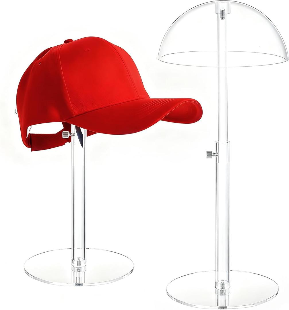 2 Pack Acrylic Hat Display Stand 8-16 inch Adjustable, Clear Domed Hat Stand Rack for Baseball Cap Cowboy, Wig Holder Stand Organizer for Dresser Closet Vendors (Adult styles, 2)