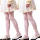 DANUOKU Girls glitter tights 2Pcs,lace black stockings,Kids Rhinestone stockings for girls (Pink,11-12 Years) (Pink)
