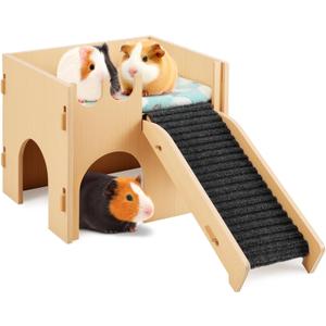 Pawaboo Guinea Pig and Hamster House, 2-in-1 Guinea Pig Hideout with Stairs and Cushion, Sturdy Wooden Hamster Castle Easy to Assemble, Detachable Small Animal House Bed Hut Habitats with Ramps (Beige)