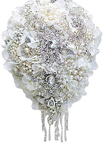 White Hydrangea Drop Brooch Bouquet Silver Wedding Bouquets Crystal Teardrop Bridal Bouquet Pearl Tassels Decor