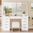 YITAHOME Vanity Set, Makeup Vanity Desk with Adjustable LED Mirror, Power Outlets, 10 Drawers, Magnifying Glass, Tempered Glass Top, Hairdryer Holder, Stool for Bathroom, Makeup Room