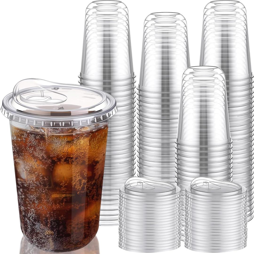 LemonRoad 200 Sets 16 oz Round Bottom Clear Plastic Cups with Sip Lid Disposable Plastic Iced Coffee Cup with Strawless Lid for Smoothie, Juice, Cold Beverage, Party Catering, Drink Shop