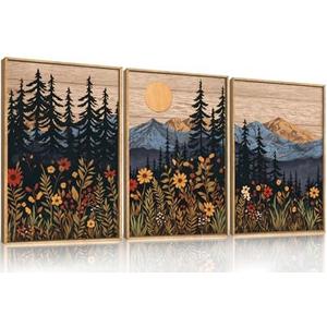 HOURIA Mid Century Woodland Mountain Framed Canvas Wall Art Set,Vintage Natural Sunset Wildflower Forest Field Decor,Wilderness Boho Floral Pine Tree Landscape Artwork for Living Room,Office-16"x24"x3