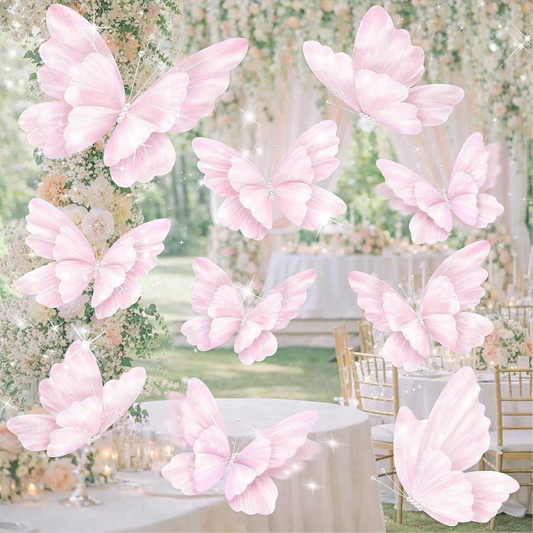 10 Pcs Large Butterfly Party Decorations Mariposas Grandes para Decoracion Big Butterfly Party Decor 20 Inch 12 Inch 3D Silk Floating Butterflies for Baby Shower Women Birthday Wedding Decor(Pink)