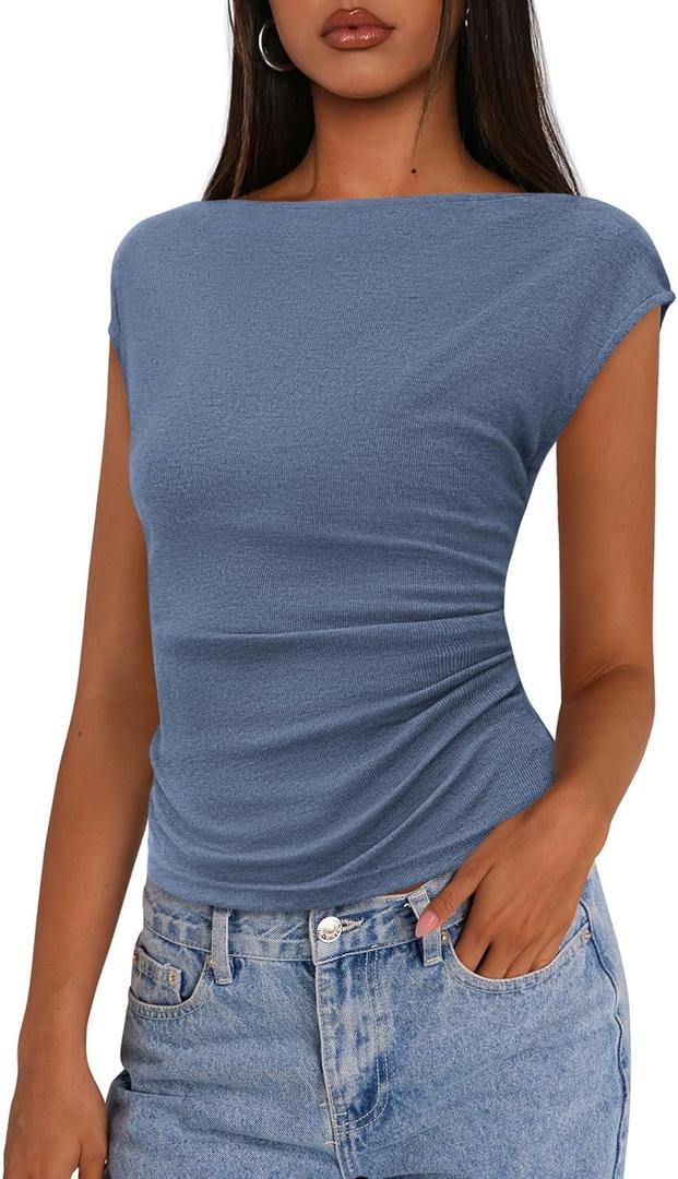 PRETTYGARDEN Women's Ruched Crop Tank Tops 2025 Summer Trendy Cap Sleeve Ribbed Knit Basic Fitted Going Out Tee Shirts (Grey Blue, Large)