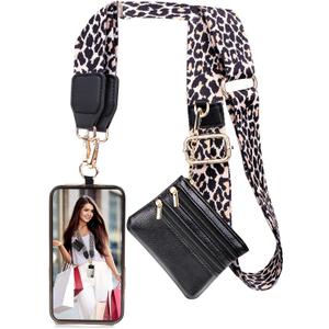 XANGNIER Clip and Go Strap for Phone with Wallet Crossbody,Phone Strap with Zippered Wallet, Adjustable Anti Theft Cellphone Lanyard for Women, Cellphone Chain Accessories,Leopard