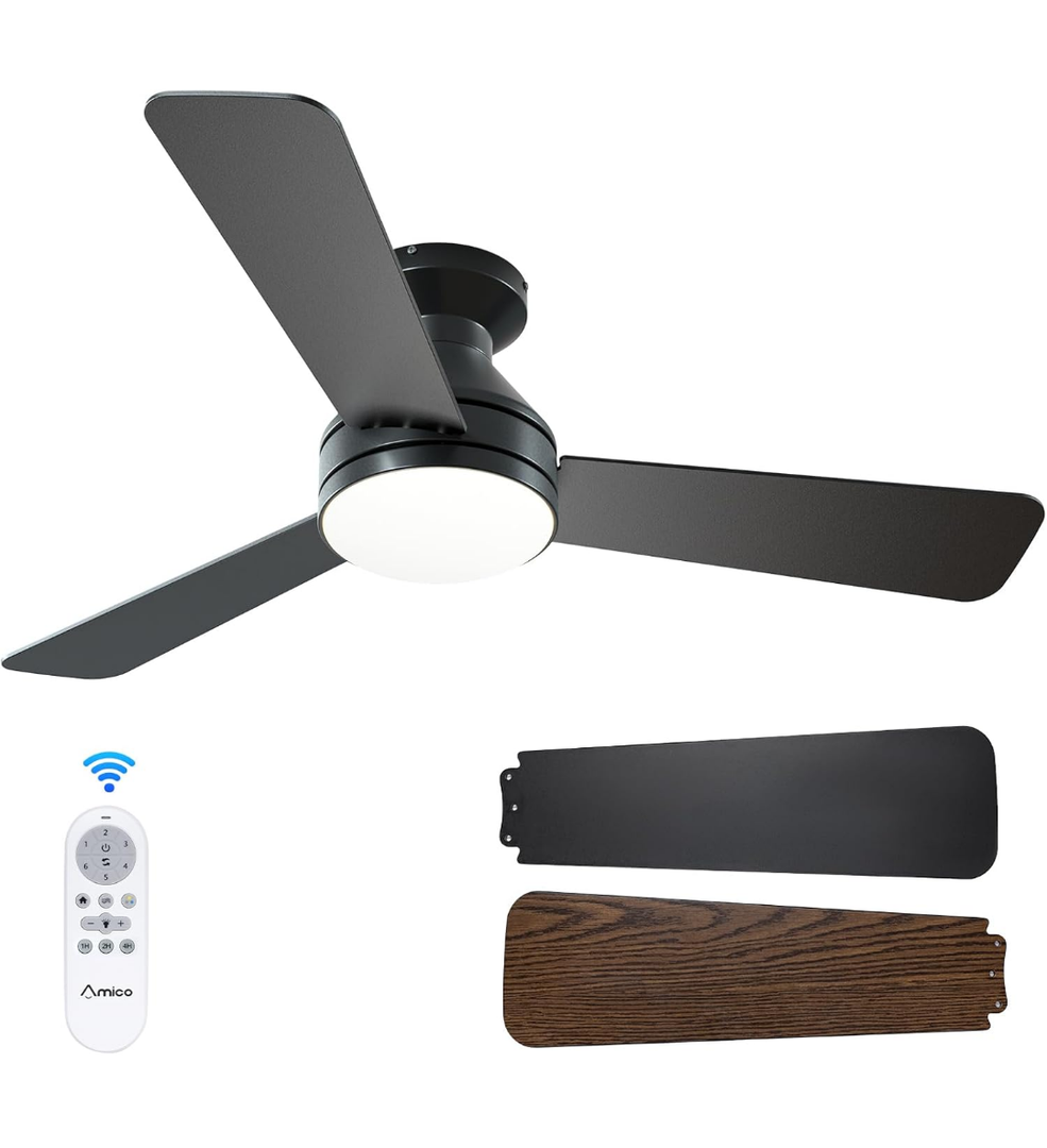 Amico Ceiling Fans with Lights, 42 inch Low Profile Ceiling fan with Light and Remote Control, Flush Mount, Reversible, 3CCT, Dimmable, Noiseless, Black Ceiling Fan for Bedroom, Indoor/Outdoor Use