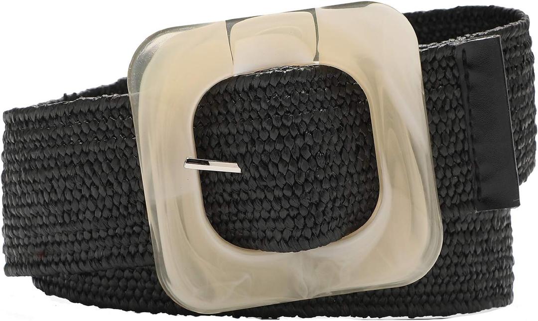 Earnda Elastic Wide Belt for Women Stretch Straw Woven Waistband with Pin Buckle Black