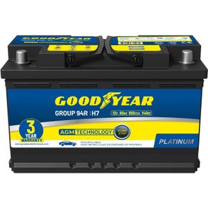 Goodyear 94R-H7-AGM BCI Group Size 94R 12V 80 AH, 140RC, 850 CCA Platinum series Rechargeable AGM Maintenance Free Automotive Battery