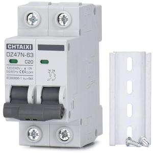 AC Miniature Circuit Breaker, 20 Amp 120V/240V 2 Pole DIN Rail Mount Circuit Breaker, Thermal Magnetic Trip, Solar AC Disconnect Switch MCB C20