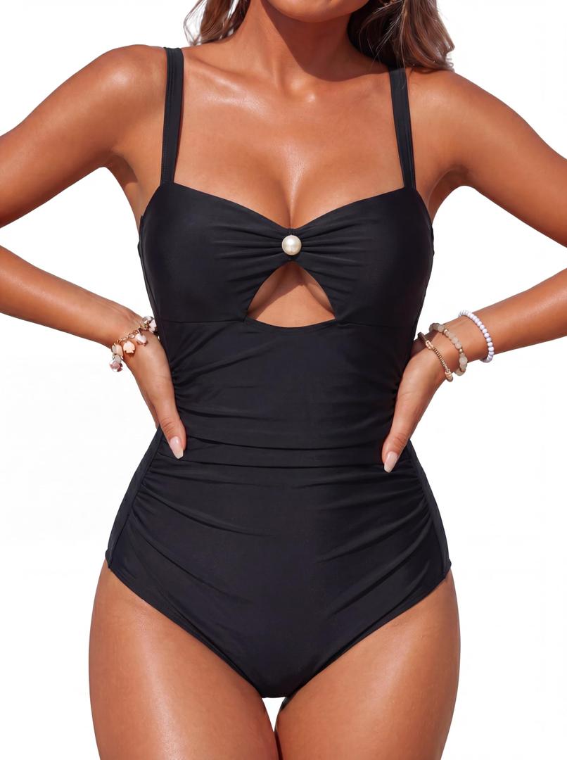 Smismivo Vintage Cutout One Piece Swimsuits for Women Tummy Control|Modest Full Coverage Bathing Suit Long Torso Swim Suits Flattering Slimming Swimwear for Curvy Beach Pool Vacation Black M (Black, M)