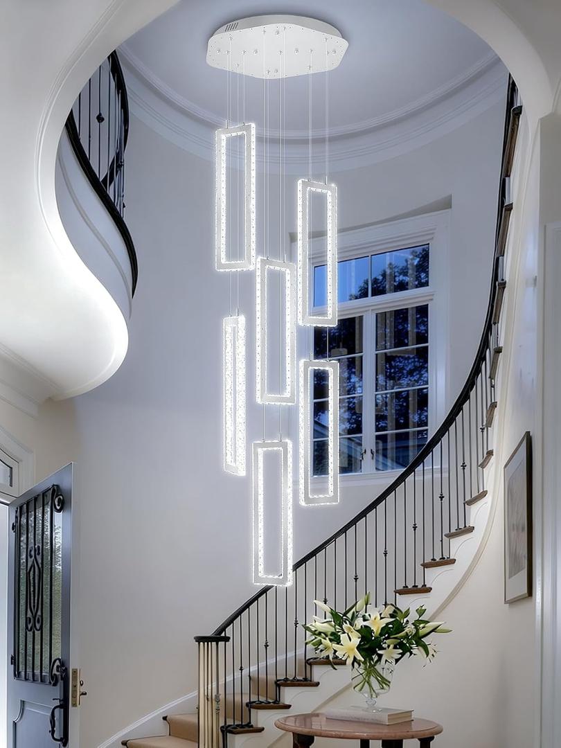Modern Chandelier 6 Rings Silver Chandelier Lighting Fixture High Ceiling Chandelier Suitable for Living Room Staircase Villa