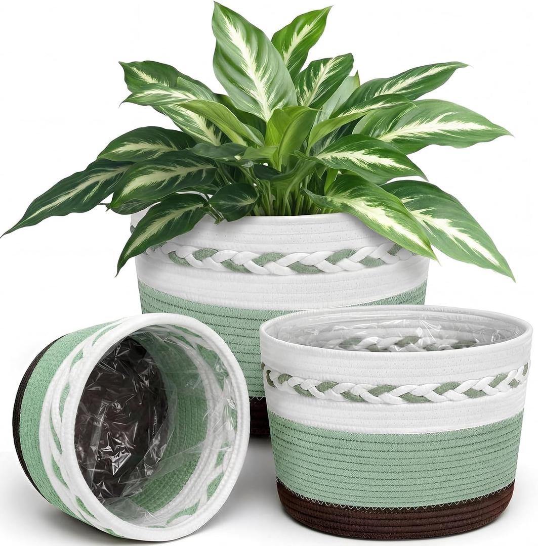 3 Pcs 7" 9" 13" Cotton Rope Plant Baskets Indoor with Plastic Liner 3 Colorful Straw Woven Plant Basket Indoor Green Round Wicker Basket for Living Room Floor Potted Pots Decor, 13"x9"x4.92