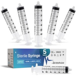 60 ml Syringe without Needle - 5 Pack of Individually Wrapped Disposable Syringes - Good for Medical, Scientific Lab, Home Use, and More - Sterile Luer Lock Syringes