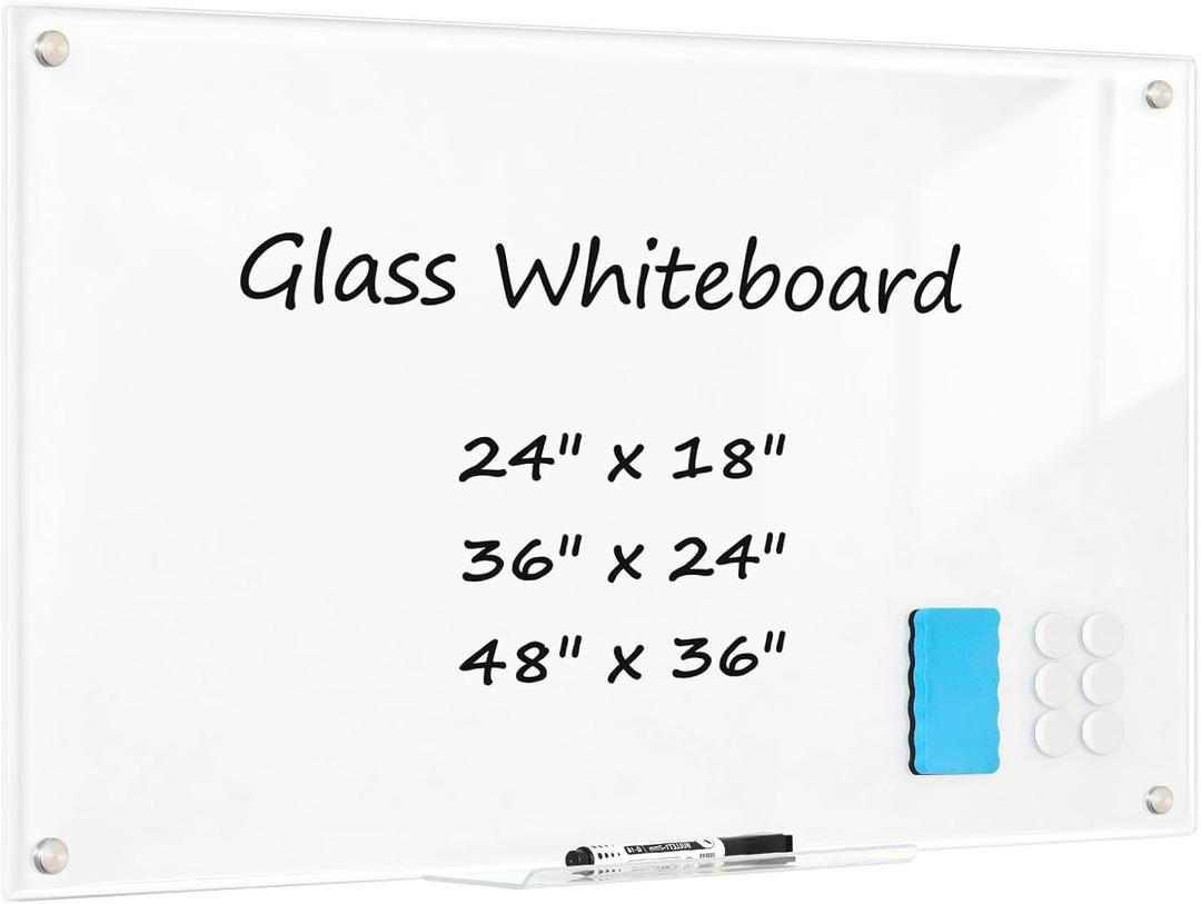 Glass Dry Erase Board, Magnetic Tempered Glass Whiteboard 24" x 18" (2'x1.5'), Ultra White