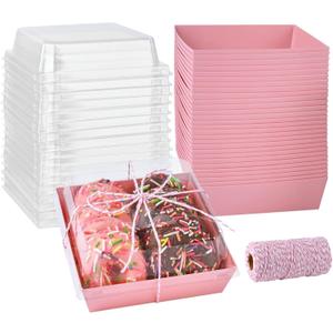 50 Pack 5 Inch Pink Paper Charcuterie Boxes with Clear Lids, Square To Go Cake Slice Containers Small Bakery Boxes for Dessert, Cookies, Sandwich, Strawberries