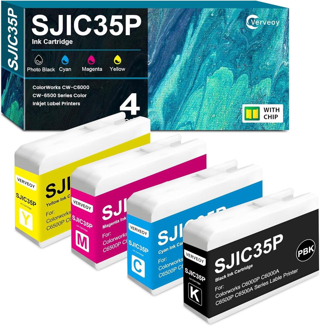 SJIC35P Ink Cartridge 4-Pack Remanufactured for SJIC35P-BK SJIC35P-C SJIC35P-M SJIC35P-Y Replacement for ColorWorks C6500 C6000 C6500AU C6000AU Series Color InkJet Printer Ink (4-Pack, PBK/C/M/Y)