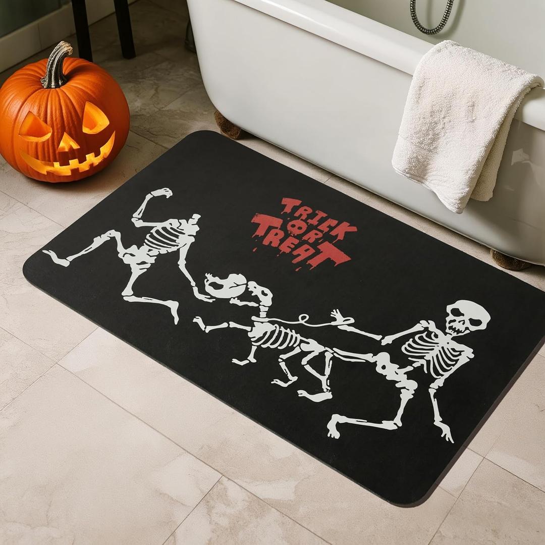Halloween Bath Mat, Thin Halloween Bathroom Rug Non Slip Quick Dry Skeleton Bath Mat Fits Under Door Thin Floor Mat Halloween Decor, 17''x30'', Skull Treat or Trick Black (1'5" x 2'6" (Rectangular))