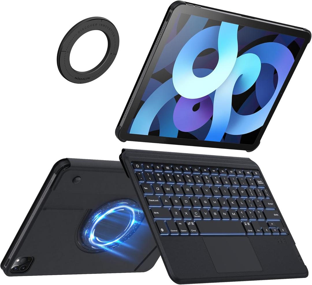 Nillkin iPad A16(11th)/10th Gen Case with Detachable Keyboard, Adhesive Cover for Air 11(M2/M3)/5/4th, Pro 11(2nd-4th), Magic Trackpad, 7-Color Backlit, Slim Magnetic Backplate with iPad Wall Mount  (Black)
