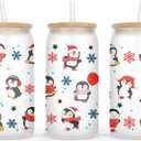 Cute Penguin Christmas Glass Cup - 16Oz Frosted Tumbler for Iced Coffee or Beer - Gift for Friend