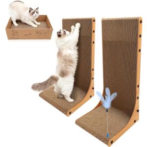 Cat Scratching Post, 3-in1 Scratching Board for Indoor Cats, 2PK 22in L-Shaped Cat Scratcher with 1PK Cardboard Box Scratch Pad, Cats Scratch Furniture Protector with Feathered Toy