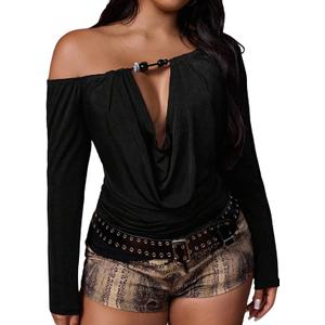 SweatyRocks Women's Plus Size Draped Neck Off One Shoulder T Shirts Long Sleeve Ruched Going Out Tees, Size: XL