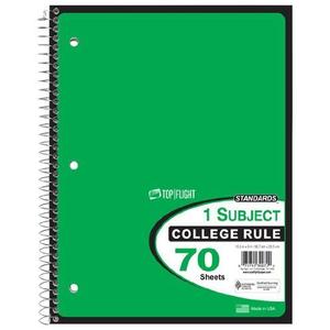 Top Flight Standards 1-Subject Wire bound Notebook, 70 Sheets, College Rule, 10.5 x 8 Inches, 1 Notebook, Green Cover (30072) by Top Flight
