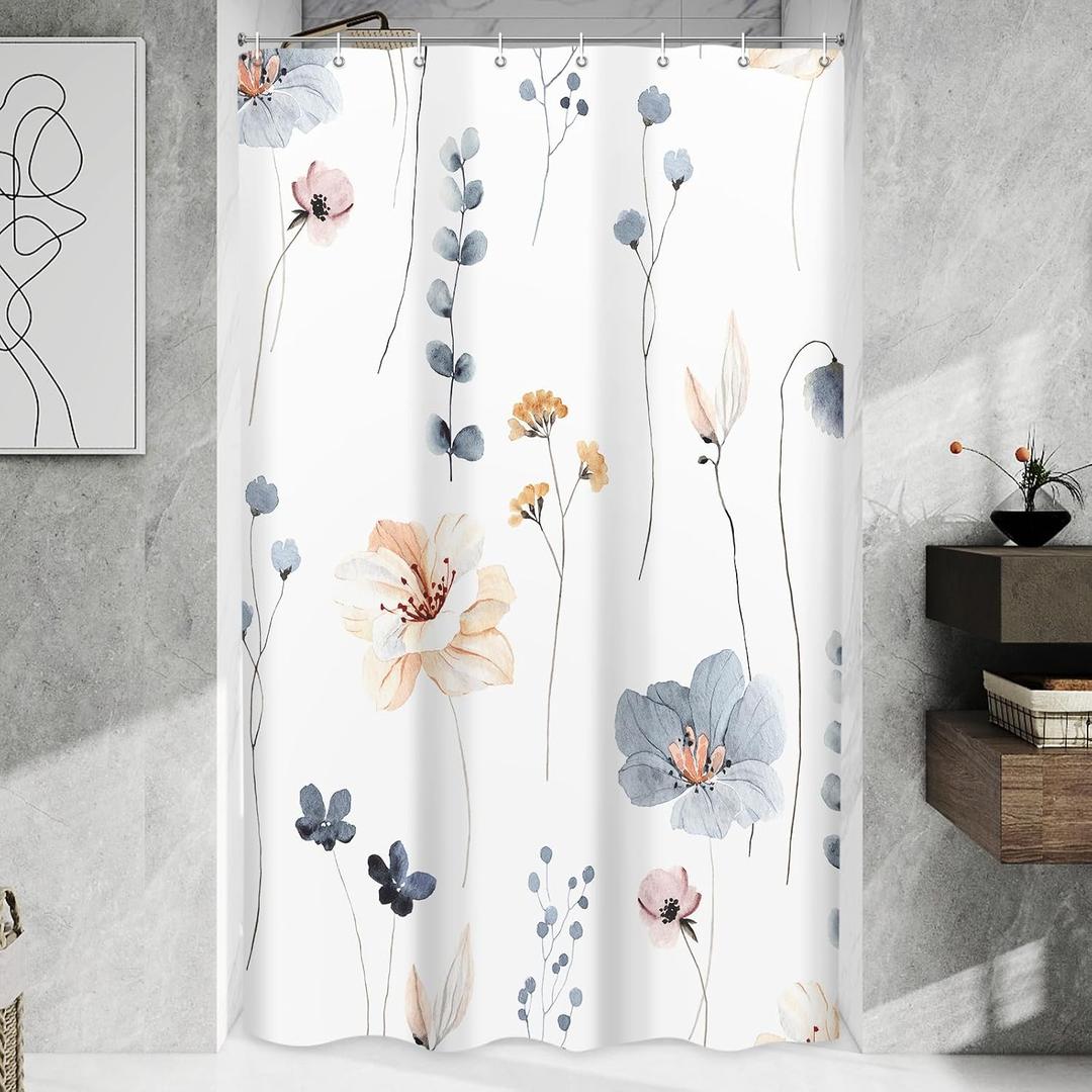 WITHLOC Waterproof Shower Curtain Set with Hooks - Watercolor Blue Beige Floral Plant Shower Curtains for Bathroom, 54 x 72