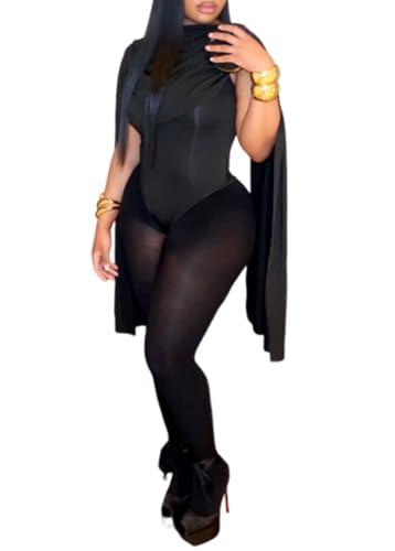 Ryehack Sexy Two Piece Outfits for Women Cap Sleeve Cowl Neck Bodysuit Top and Mesh Tights Set Jumpsuits Night Club Outfits, XXL