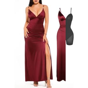 Popilush Women's Sexy Maxi Dress Deep V Neck Ruched Shapewear Dresses Side Slit Formal Cocktail Party Dress (Red, XS)