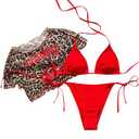 Verdusa Women's 3 Piece Bikini Set Halter Triangle Cheeky String Swimsuit with Leopard Mesh Crop Top Red Medium L