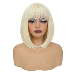 Bob Blonde Wig for Women Short Straight Blonde Wigs with Bangs Natural Fashion Synthetic Wig for Party Daily Cosplay Costume Wig Use 12 Inch