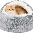 MADDEMCUTE Calming Dog & Cat Cave Bed With Hooded Cover, Removable Washable Round for Small Medium Pets, Anti Slip Faux Fur Fluffy Coved for Improved Sleep, Fits up to 15/25 lbs (Grey, S)