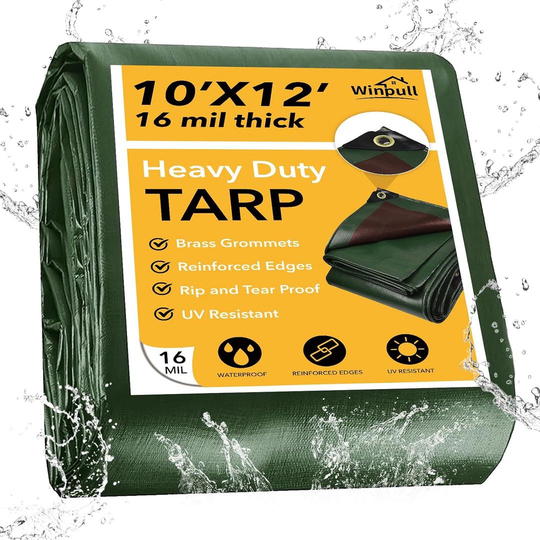 Winpull Tarp 10x12 Feet 16 Mil Heavy Duty Waterproof Tarp, Large Multipurpose Cover with Brass Grommets and Reinforced Edges, UV Resistant Thick Poly Tarps for Outdoor Camping Tent Pool Car, Green