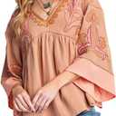 Womens Floral Printed Blouse V-Neck 3/4 Sleeves Loose Fit Vintage Babydoll Tops (Orange, S)