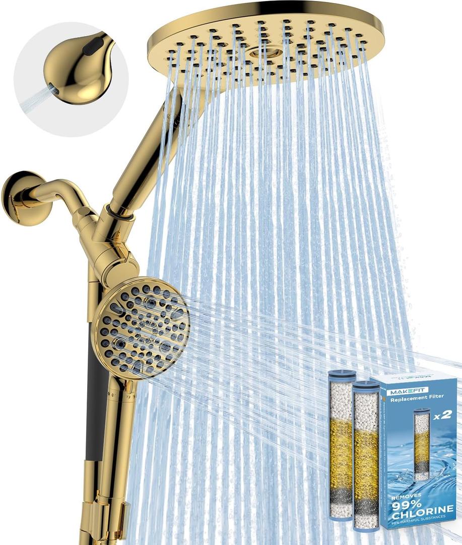 MakeFit Dual Filtered Rain Shower Head Combo, High Pressure Handheld Shower Head with Adjustable Bar - Rainfall Shower Head And Showerhead with Filter for Hard Water - Removes Chlorine(Gold) (8 Inch Filtered)