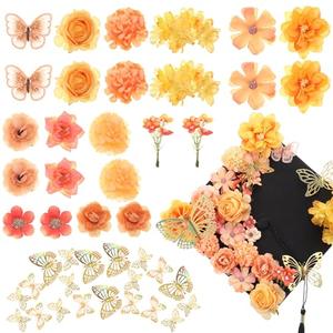 Wavwavw 36 Pcs DIY Graduation Cap Decorations Accessory Kit Include Faux Flower Heads and 3D Glitter Butterfly for Graduation Cap Decoration Home Decor Cake Wreath Decor(Orange)