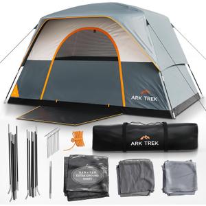ArkTrek 6 Person Tents for Camping-Robust Family Camping Tent Cabin w Ground Sheet, Rainfly Cover, Powerport-Comfy Large Quick, Waterproof Pop up Camping Tent for Picnics Fishing Hiking (Orange/Light Gray)