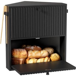 WOWLIVE Corner Bread Box for Kitchen Countertop, Large Vintage Bread Storage Container Bin for Homemade Bread, Double Layer Farmhouse Bread Holder for Kitchen, Cabinet, Pantry (Black, Extra Large)