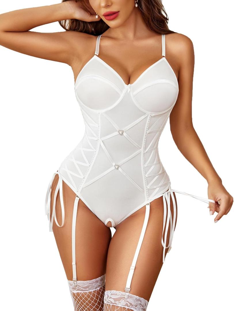 Avidlove Lingerie for Women Sexy Corset Garter Lingerie Set One Piece Teddy Bodysuit Boudoir Outfit (Medium, White)