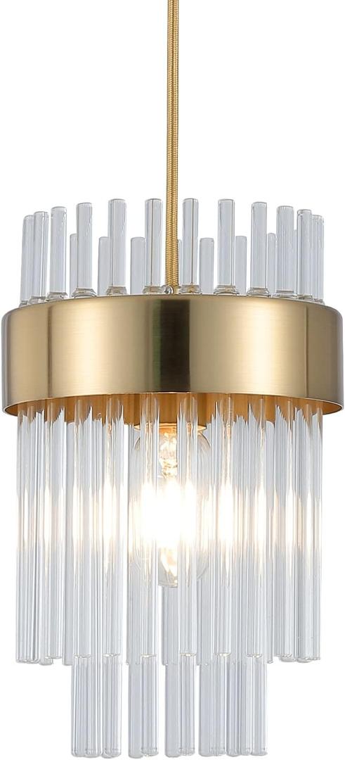 Gold Pendant Lights Kitchen Island,1-Light Crystal Pendant Light Fixtures Over Island,Modern Brass Mini chandelier For Dining Room, Adjustable Cord Hanging Lights For Bedroom,Bar,Sink,Entryway