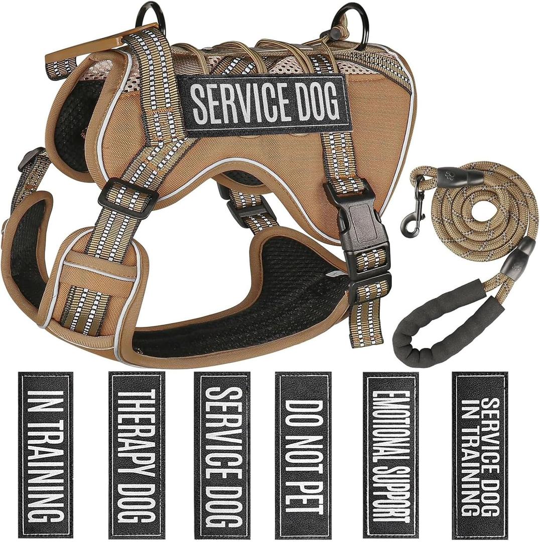 Service Dog Tactical Vest Harness and Leash Set Medium Sized Dog Emotional Support- Tactical Dog Harness Training Collar with Name (Khaki, M)