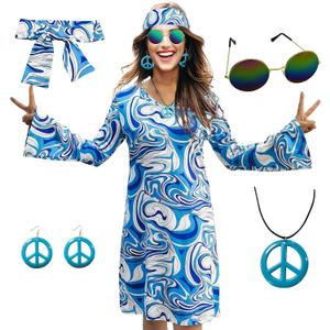 70s Hippie Dress Costumes Necklace Earrings Sunglass Women Disco Outfit, 60s Party Costume, Halloween Retro Dresses (Blue, L)