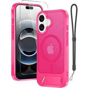 for iPhone 16 Case with Screen Protector+ Lanyard Wrist Strap, Magnetic Translucent Matte Rugged Slim Phone Cover Built in Invisible Kickstand [Fit for MagSafe],Hot Pink