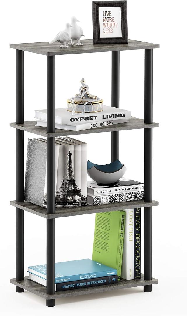 Furinno Turn-N-Tube No Tool 4-Tier Storage Shelf, Narrow, French Oak Grey/Black, 4-Tier Round Tube