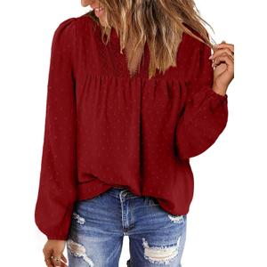 BETTE BOUTIK Women Boho Long Sleeve Shirts Dressy Casual V Neck Fall Fashion Tops Swiss Dot Flowy Blouses (XX-Large, B Lotus Red)